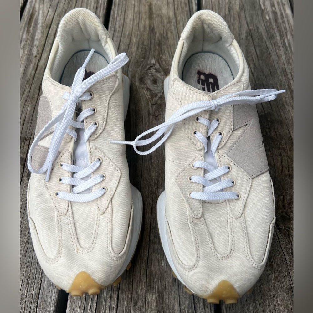New Balance 327 gray suede & cream canvas sneakers. Size 9.5 women or 8 men’s.